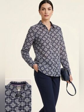Talbots Navy and White Button Down